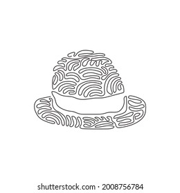 Single one line drawing fedora hat, side view, with tan leather band, indented crown and brims snapped up. Men head accessory. Swirl curl style. Continuous line draw design graphic vector illustration