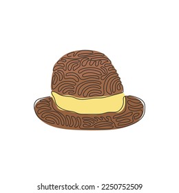 Single one line drawing fedora hat, side view, with tan leather band, indented crown and brims snapped up. Men head accessory. Swirl curl style. Continuous line draw design graphic vector illustration