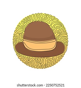 Single one line drawing fedora hat, side view, with tan leather band. Wool, felt fabric. Men head accessory. Swirl curl circle background style. Continuous line draw design graphic vector illustration