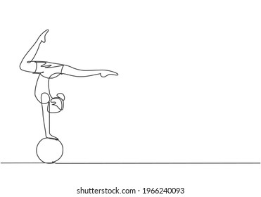 Single one line drawing a female acrobat performs a hand stand on a circus ball while performing a beautiful leg dance. Need dexterity to do it. Continuous line draw design graphic vector illustration