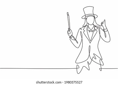 Single one line drawing of female magician with a gesture thumbs up wearing a hat and holding a magic stick ready to entertain the audience. Continuous line draw design graphic vector illustration