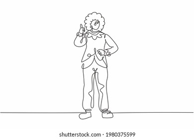 Single one line drawing of female clown stands with a thumbs-up gesture wearing wig and clown costume ready to entertain the audience in circus. Continuous line draw design graphic vector illustration
