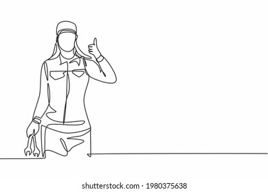 Single one line drawing of female mechanic with a thumbs-up gesture and holding the wrench works to fix a broken car engine in garage. Modern continuous line draw design graphic vector illustration