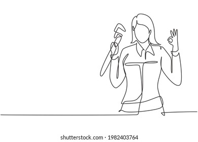 Single one line drawing female plumber with gesture okay ready to work on repairing leaking drain in sink and house's drains. Success business. Continuous line draw design graphic vector illustration