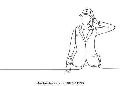 Single one line drawing female architect with call me gesture and wearing helmet carried building construction drawing paper. Success business. Continuous line draw design graphic vector illustration