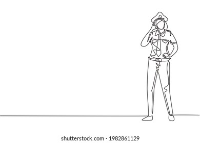 Single one line drawing female pilot stands with call me gesture and complete uniform serves airplane passengers fly to destination. Modern continuous line draw design graphic vector illustration