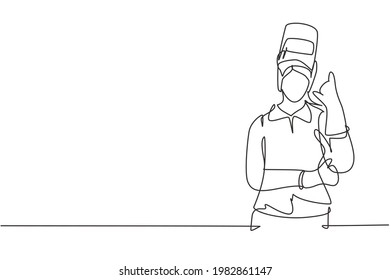 Single one line drawing female welder with call me gesture works in construction of building forming steel frame that is melted by fire. Modern continuous line draw design graphic vector illustration