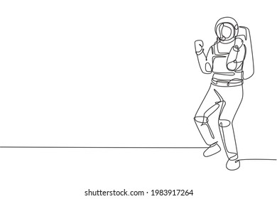 Single one line drawing female astronaut stands with celebrate gesture wearing space suit exploring earth, moon, other planets in the universe. Continuous line draw design graphic vector illustration