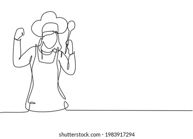 Single one line drawing female chef with celebrate gesture, holding spoon and wearing apron is ready to cook meals for restaurant guests. Modern continuous line draw design graphic vector illustration