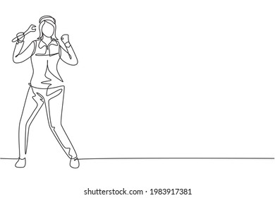 Single one line drawing female mechanic stands up with celebrate gesture and holding wrench to perform maintenance vehicle engine. Success job. Continuous line draw design graphic vector illustration