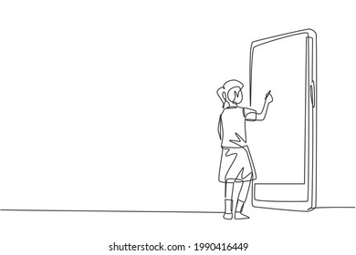 Single one line drawing female junior high school student writing on smartphone screen like she was writing on whiteboard. Learning concept. Continuous line draw design graphic vector illustration