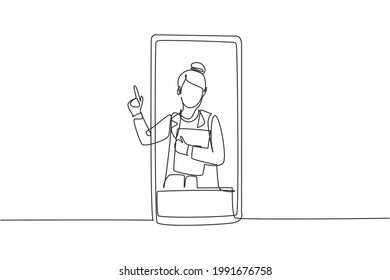 Single one line drawing female doctor comes out of smartphone screen holding clipboard. Online medical services, medical consultation. Modern continuous line draw design graphic vector illustration