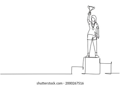 Single one line drawing female athlete wearing sports jersey lifting golden trophy with one hand on podium. Celebrating victory of competition. Continuous line draw design graphic vector illustration