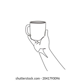 Single one line drawing female hand holding a cup with tea or coffee. Realistic drawing of beautiful hand holding mug with hot beverage. Modern continuous line draw design graphic vector illustration