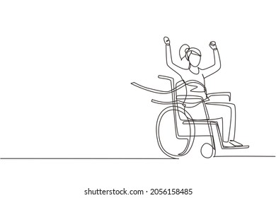 Single One Line Drawing Female Young Wheelchair User Crossing Red Finish Line. Happy Winner, Successful Champion. Society, Disabled People Community. Continuous Line Draw Design Vector Illustration