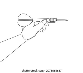 Single one line drawing female hand gently takes small arrow for sport darts game with her fingers and aims for accurate target throwing. Modern continuous line draw design graphic vector illustration