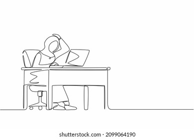 Single one line drawing female manager working on computer laptop. Arab woman with question mark over head scratches back of her head sitting in front of laptop. Continuous line design graphic vector