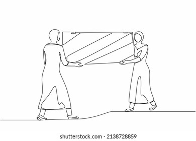 Single One Line Drawing Female Loaders Carrying Big Mirror To New Office. Two Arabian Businesswomen With Furniture In Building Hall. Moving To New Apartment. Continuous Line Draw Design Graphic Vector