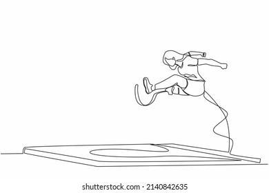 Single one line drawing female athlete amputee on prosthetic leg long jump competition at athletics. Long jump disability games. Disabled sport. Continuous line draw design graphic vector illustration