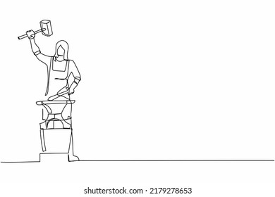 Single one line drawing female blacksmith wearing apron forges small sword on the anvil. Craftswoman standing working with hot iron at workshop. Continuous line draw design graphic vector illustration