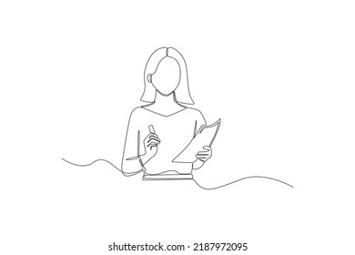 Single one line drawing Female teacher teaches using notes and pen in her hand. International teacher's day concept. Continuous line draw design graphic vector illustration.