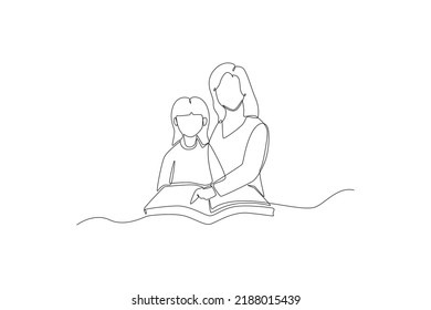 Single one line drawing female teacher teaching girl pupil reading book in classroom  International teacher's day concept  Continuous line draw design graphic vector illustration 