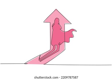 Dibujo de una sola línea de la sombra de un superhéroe femenino en la pared con símbolo de dirección hacia arriba. Concepto mínimo de crecimiento de las finanzas empresariales. Ilustración de líneas continuas moderna de diseño gráfico vectorial