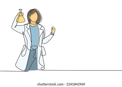 Single one line drawing female scientist with celebrate gesture and holding measuring tube to examining chemical solution to make vaccine. Continuous line draw design graphic vector illustration