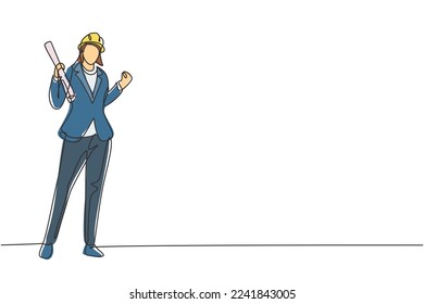 Single one line drawing female architect stood with celebrate gesture and wearing helmet carrying blueprint for the building's work plan. Modern continuous line draw design graphic vector illustration