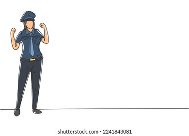 Single one line drawing female pilot stands with celebrate gesture and complete uniform serves airplane passengers fly to destination. Modern continuous line draw design graphic vector illustration