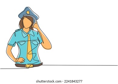 Single one line drawing female pilot with call me gesture and full uniform ready to fly with cabin crew in aircraft at international airport. Continuous line draw design graphic vector illustration