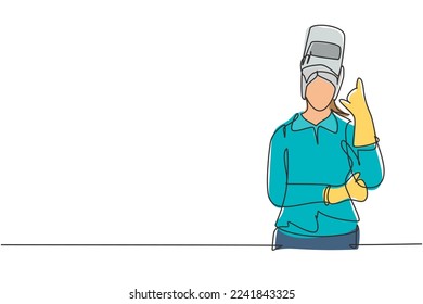 Single one line drawing female welder with call me gesture works in construction of building forming steel frame that is melted by fire. Modern continuous line draw design graphic vector illustration