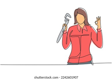 Single one line drawing female plumber with gesture okay ready to work on repairing leaking drain in sink and house's drains. Success business. Continuous line draw design graphic vector illustration