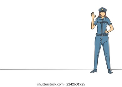 Single one line drawing of female pilot stands with gesture okay and complete uniform serves airplane passengers fly to destination. Modern continuous line draw design graphic vector illustration