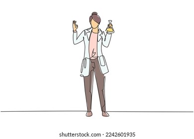 Single one line drawing female scientist stands with gesture okay and holding measuring tube filled with chemical liquid. Success work. Modern continuous line draw design graphic vector illustration