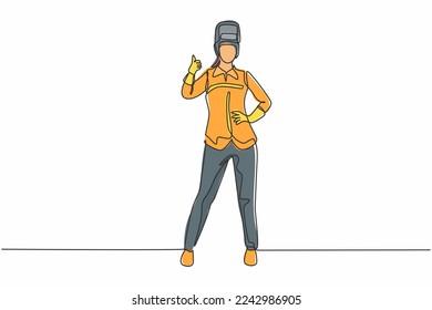 Single one line drawing of female welder stands with a thumbs-up gesture and the face shield is removed ready to work in his iron workshop. Continuous line draw design graphic vector illustration