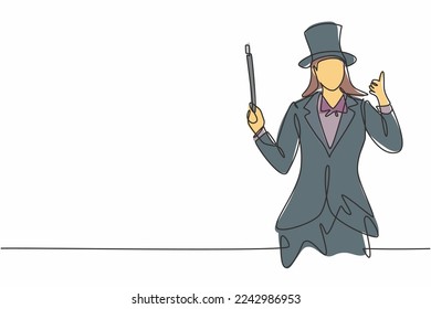 Single one line drawing of female magician with a gesture thumbs up wearing a hat and holding a magic stick ready to entertain the audience. Continuous line draw design graphic vector illustration
