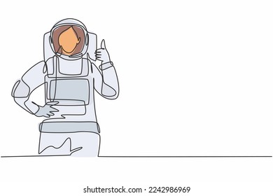 Single one line drawing of female astronauts with a thumbs-up gesture wearing spacesuits to explore space in search the mysteries of universe. Continuous line draw design graphic vector illustration