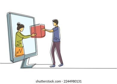 Single one line drawing female customer receives boxed package, through monitor screen from courier. Online delivery service concept. Modern continuous line draw design graphic vector illustration