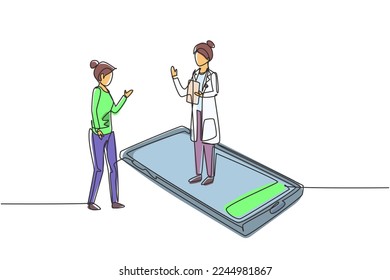 Single one line drawing female doctor standing on smartphone, in front of her standing female patient. Online medical services and consultation. Continuous line draw design graphic vector illustration