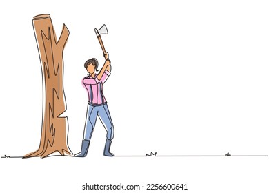 Single one line drawing female lumberjack with an ax chopping wood. Woodcutter chopping tree with axe. Wearing shirt, jeans, boots. Woman with ax in her hands cut tree. Continuous line design vector