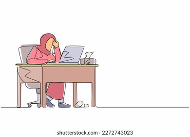 Single one line drawing female manager working on computer laptop. Arab woman with question mark over head scratches back of her head sitting in front of laptop. Continuous line design graphic vector