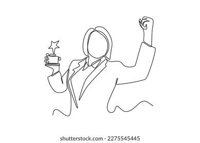 Single one line drawing female employee getting trophy from her office . Employee appreciation day concept. Continuous line draw design graphic vector illustration.
