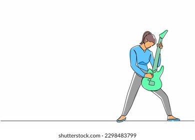 Single one line drawing female musician playing electric guitar. Woman practicing in playing guitar. Guitarist perform playing music instrument on stage. Continuous line draw design graphic vector