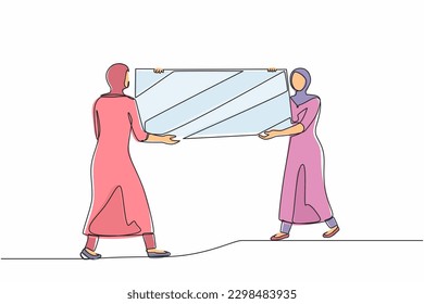 Single one line drawing female loaders carrying big mirror to new office. Two Arabian businesswomen with furniture in building hall. Moving to new apartment. Continuous line draw design graphic vector