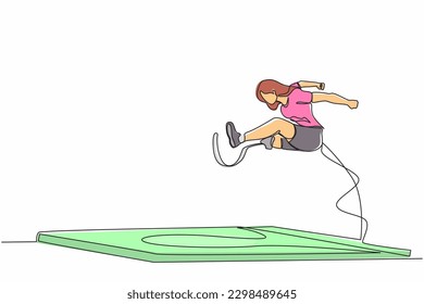 Single one line drawing female athlete amputee on prosthetic leg long jump competition at athletics. Long jump disability games. Disabled sport. Continuous line draw design graphic vector illustration