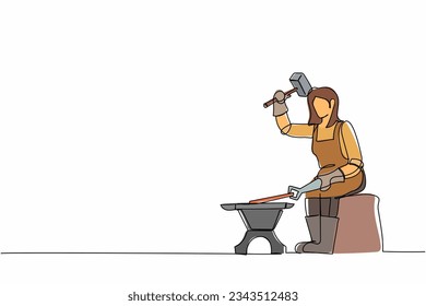 Single one line drawing female blacksmith sitting wearing apron hitting iron piece forged with hammer. Metal worker making craft art production. Continuous line draw design graphic vector illustration