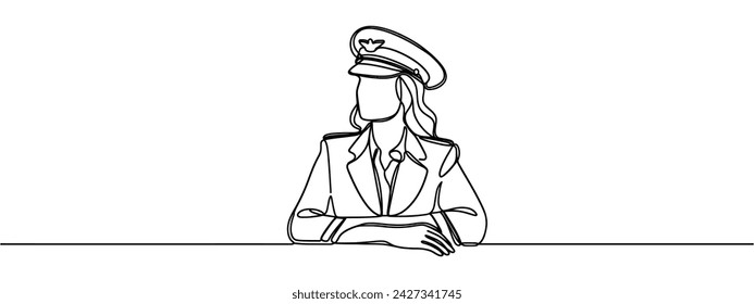 Dibujo de una sola línea de una piloto femenina con un gesto de pulgar hacia arriba y en uniforme completo listo para volar con la tripulación de cabina en el avión en el aeropuerto. Diseño de línea continua ilustración vectorial gráfica