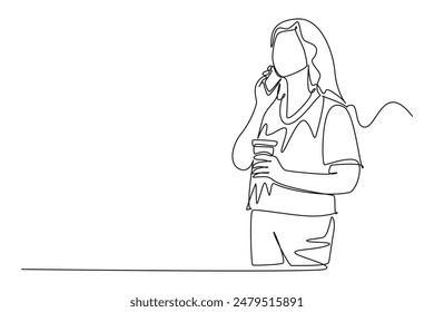 Single one line drawing female employee talking with her work partner on phone while holding a cup of coffee drink. Drinking tea concept. Modern continuous line draw design graphic vector illustration