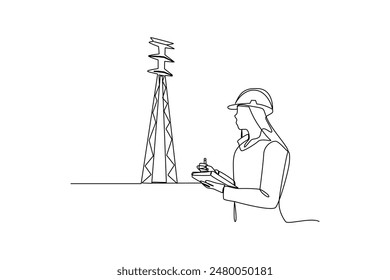Single one line drawing of a female electrical technician is analyzing the power of a wire. Home repair, maintenance and plumbing services. Handyman concept. Continuous line draw design vector illustr
